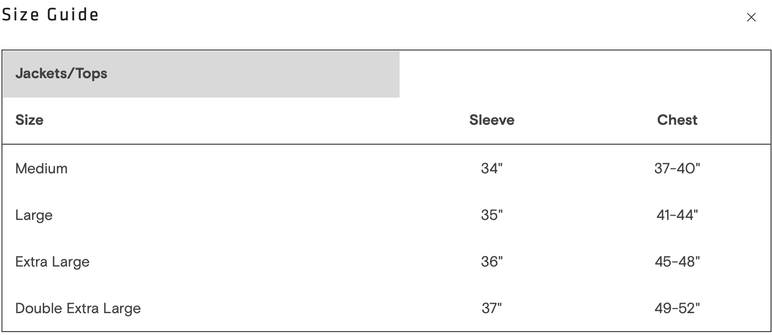 skwala size guide jackets tops